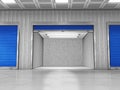 Self storage units with one open empty room. 3D illustration Royalty Free Stock Photo