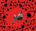 Contemporary art collage. Businessman sitting on chair under many eyes looking isolated over red background