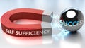 Self sufficiency helps achieving success - pictured as word Self sufficiency and a magnet, to symbolize that Self sufficiency