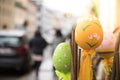 Self-tinkered easter eggs, outdoor-decoration in a shopping street