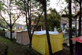 Self travel with tent, hotel outdoor camp under pine tree in spring at Da Lat city