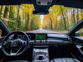 Selfdriving car cruising through forest with AI windshield