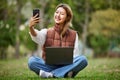 Selfie, asian and woman student on video call in a park to connect to contact while outdoor studying online. Internet Royalty Free Stock Photo
