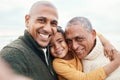 Selfie, beach or black family with a father, son and grandfather posing outdoor in nature for a picture together