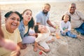 Selfie, beach sand and family portrait with children and grandparents for holiday, Mexico vacation and games. Play