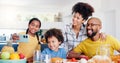 Selfie, breakfast and a black family eating in the kitchen of their home together for health, diet or nutrition. Food Royalty Free Stock Photo