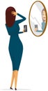 Lady with smartphone is making self portrait. Girl takes photo in mirror on mobile phone camera