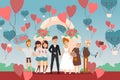 Selfie at celebration people wedding, marriage arch vector illustration. Bride and groom take common photo with friends