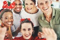 Selfie, christmas and business people, office team and celebration together. Portrait staff group, festive party and Royalty Free Stock Photo