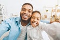 Selfie with dad. Father and little daughter taking photo Royalty Free Stock Photo