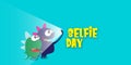 Selfie day horizontal banner with cartoon funny monster taking a selfie isolated on blue background. Selfi day cartoon