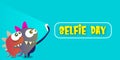 Selfie day horizontal banner with cartoon funny monster taking a selfie isolated on blue background. Selfi day cartoon