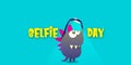 Selfie day horizontal banner with cartoon funny monster taking a selfie isolated on blue background. Selfi day cartoon