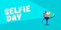 Selfie day horizontal banner with cartoon funny monster taking a selfie isolated on blue background. Selfi day cartoon