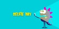 Selfie day horizontal banner with cartoon funny monster taking a selfie isolated on blue background. Selfi day cartoon