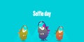 Selfie day horizontal banner with cartoon funny monster taking a selfie isolated on blue background. Selfi day cartoon