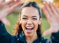 Selfie, face and an excited woman with energy outdoor for freedom or wellness on a blurred background in nature