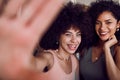 Selfie, face and friends smile and happy reunion, laugh and being funny together. Social media, picture and women with Royalty Free Stock Photo
