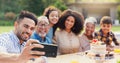 Selfie, family and birthday in backyard with happy, social media and grandparents outdoor. Home, smile and table with