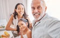 Selfie, family and generations with love and smile in portrait with grandfather, mother and child in picture. Meal time