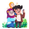 Selfie family together husband wife and kids children illustration colorful make video call camera phone
