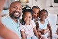 Selfie, father and portrait with black family on sofa in living room with love in home Memory, happy face and man, kid