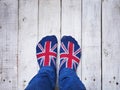 Selfie feet wearing socks with British flag pattern Royalty Free Stock Photo