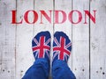 Selfie feet wearing socks with British flag pattern Royalty Free Stock Photo