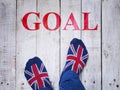 Selfie feet wearing socks with British flag pattern Royalty Free Stock Photo