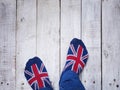 Selfie feet wearing socks with British flag pattern Royalty Free Stock Photo