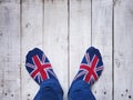 Selfie feet wearing socks with British flag pattern Royalty Free Stock Photo