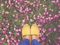 Selfie feet wearing yellow shoes on pink bougainvillea flower an