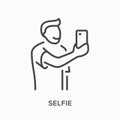 Selfie flat line icon. Vector outline illustration of young man taking self photo on mobile phone camera. Happy person