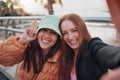 Selfie, freedom and portrait of friends on vacation in the city for summer fun and bonding. Happy, travel and women with Royalty Free Stock Photo