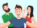 Selfie with friends. Friendly smiling teenagers making group photo portrait. Photographed happy people vector cartoon