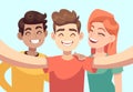 Selfie with friends. Friendly smiling teenagers taking group photo portrait. Happy people vector cartoon characters Royalty Free Stock Photo