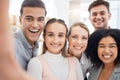 Selfie, friends or teamwork with a business man and woman group posing for a picture in an office together. Meeting Royalty Free Stock Photo