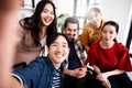 Selfie of group young man and woman team smiling having fun together Royalty Free Stock Photo