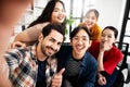 Selfie of group young man and woman team smiling having fun together Royalty Free Stock Photo