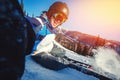 Selfie Guy sportsman goes on normal skiing on ski slope with action camera Royalty Free Stock Photo