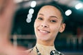 Selfie, gymnastics and portrait of woman in gym excited for aerobics competition, practice and training. Sports, fitness Royalty Free Stock Photo