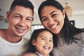 Selfie, happy and portrait of a child with her parents bonding in the living room of their home. Smile, love and girl Royalty Free Stock Photo