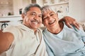 Selfie, hug and portrait of happy elderly couple, bonding and enjoy retirement time together at home. Memory photo, love