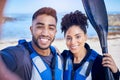 Selfie, kayak and couple with a smile, beach and summer vacation with memory, post and social media. Portrait, people Royalty Free Stock Photo