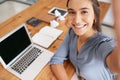 Selfie, laptop and happy woman working at office desk for web tech company success, digital start up and employee smile Royalty Free Stock Photo