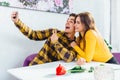 Young couple having fun, making different grimaces and postures, while taking selfie with mobile phone in a cafe. Royalty Free Stock Photo