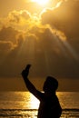 Selfie Man Smartphone Sea Sunrise Silhouette Royalty Free Stock Photo