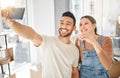 Selfie, new home and happy couple, keys and mortgage success, live stream apartment or real estate. Property investment