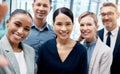 Selfie, office and diversity, business people or team standing in corporate workplace together. Portrait, trust and Royalty Free Stock Photo