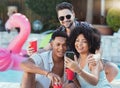 Selfie, party and fun with friends outdoor in summer taking a picture together for social media. Photograph, birthday